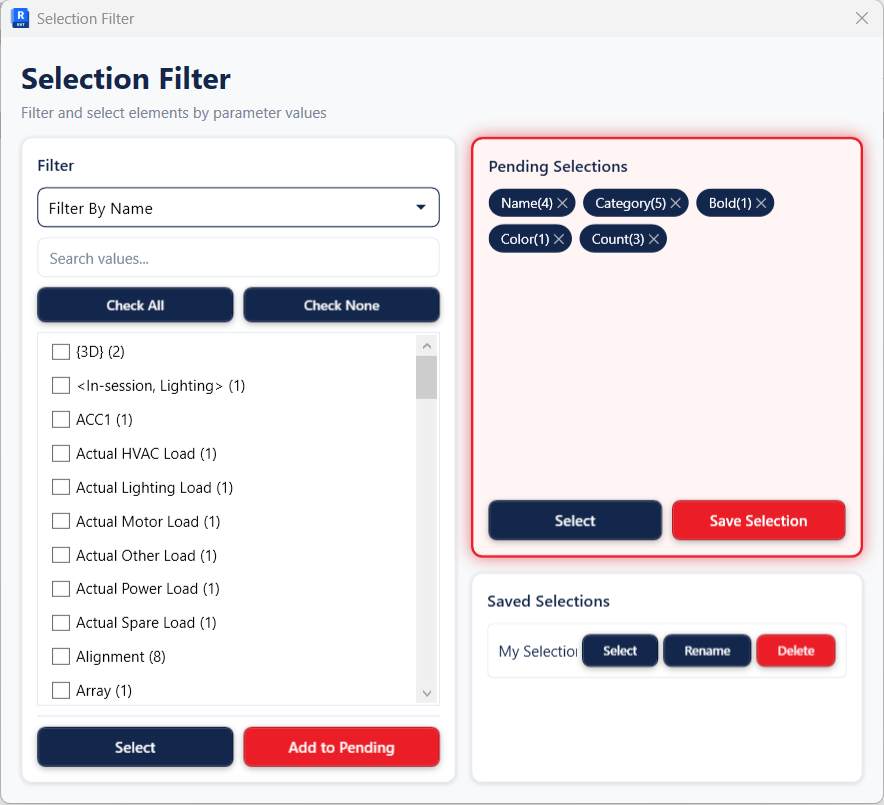 Selection Filter interface